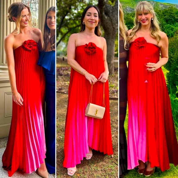 Delfi Collective Kimberly Ombre Pleated Rosette Strapless Dress Red Pink Medium - Picture 13 of 16